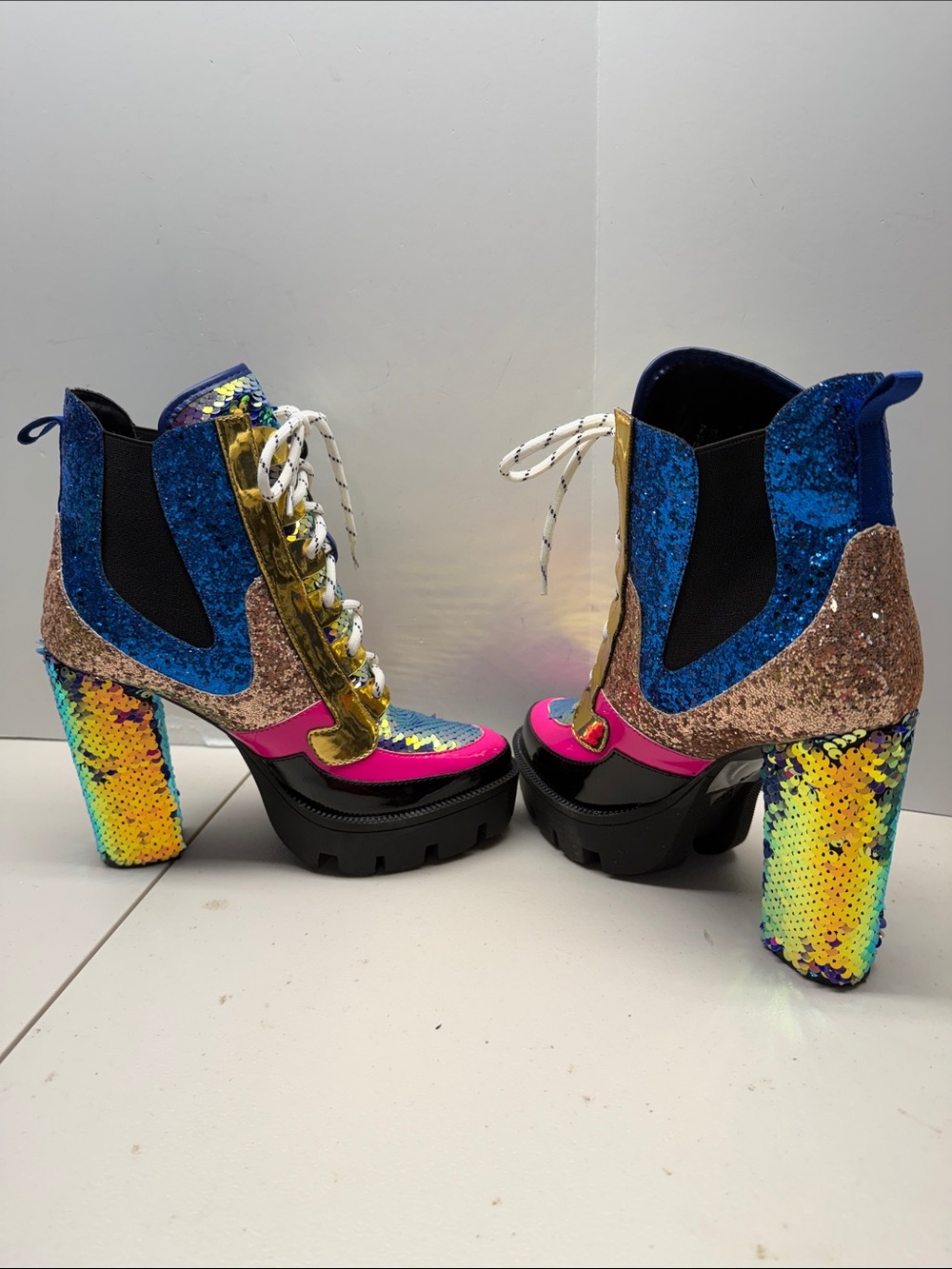 Cape Robbin Nell Chunky Boots Sequin Glitter Platform Pink Gold Sz 7.5 - Picture 4 of 6
